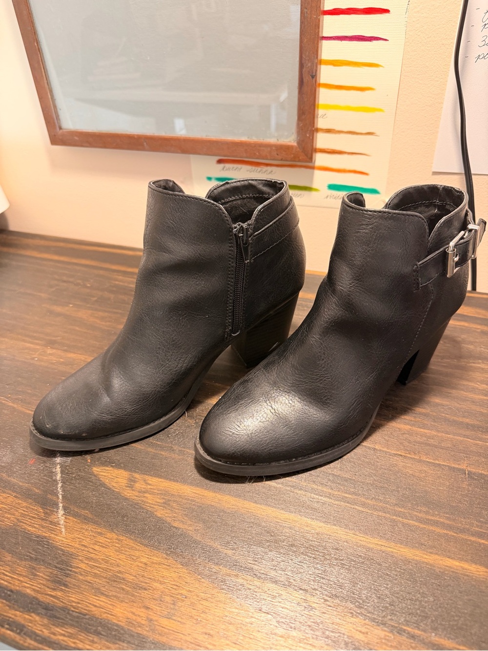 Express Black Leather Ankle Booties with Side Zip and Buckle Accent